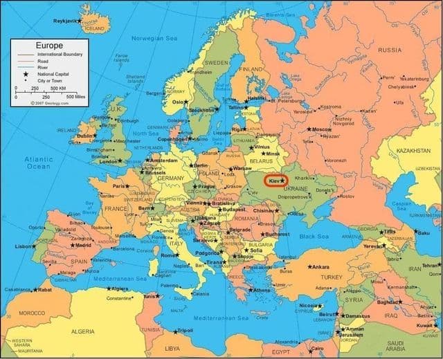 Localização de Kiev no mapa mundial